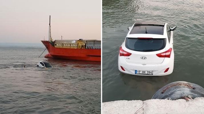 Çanakkale'de el freni inik unutulan araç denize uçtu ilginç olay cep telefonu kamerasında