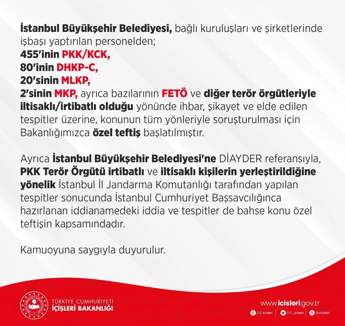 İçişleri Bakanlığından, DİAYDER referansıyla İBB ye yerleştirilenlere yönelik açıklama
